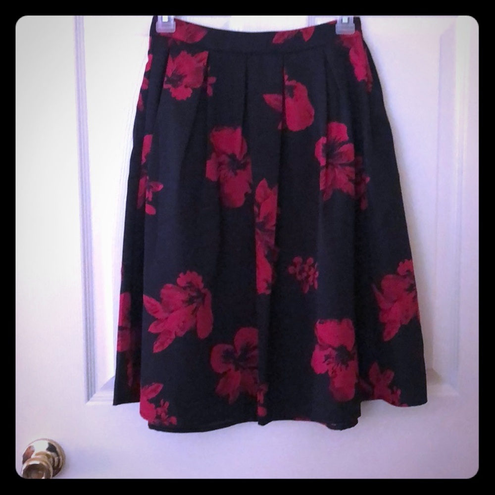 Knee length black and red floral a-line skirt